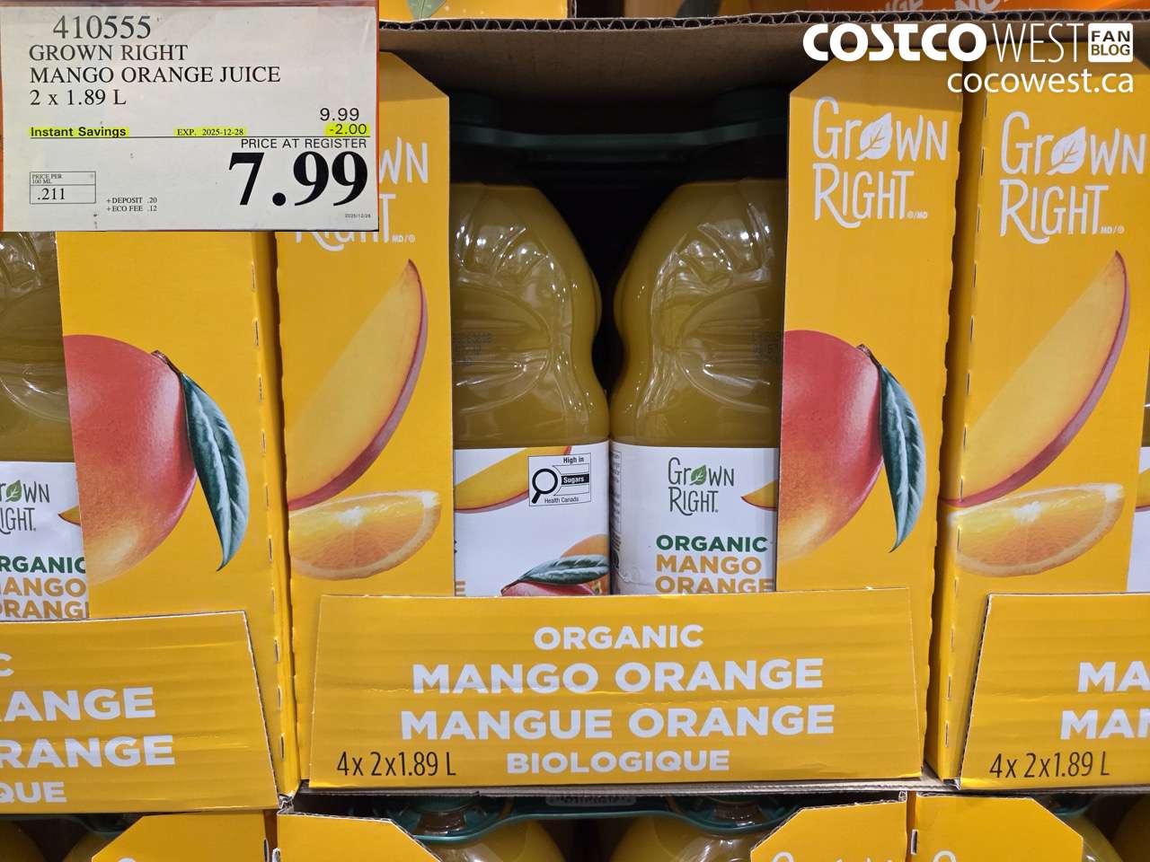 410555 GROWN RIGHT ORGANIC MANGO ORANGE JUICE 2 X 1.89L ($2.00 INSTANT SAVINGS EXPIRES ON 2025-12-28) $7.99