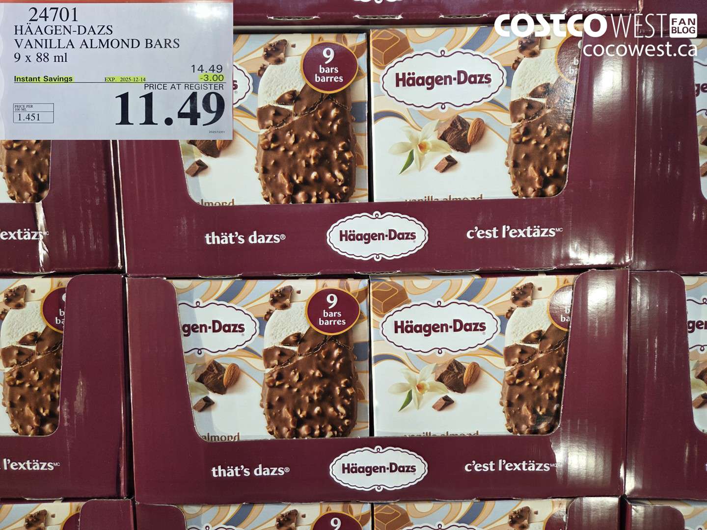 24701 HAAGEN-DAZS VANILLA ALMOND BARS 9 x 88 ml ($3.00 INSTANT SAVINGS EXPIRES ON 2025-12-14) $11.49