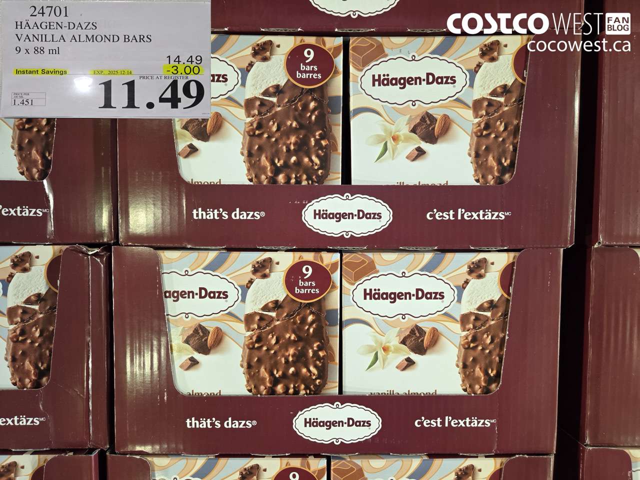 24701 HAAGEN-DAZS VANILLA ALMOND BARS 9 x 88 ml ($3.00 INSTANT SAVINGS EXPIRES ON 2025-12-14) $11.49