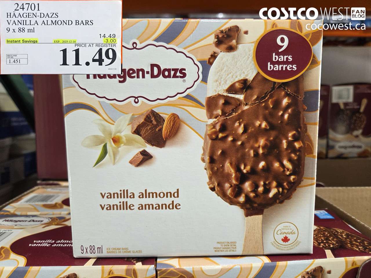 24701 HAAGEN-DAZS VANILLA ALMOND BARS 9 x 88 ml ($3.00 INSTANT SAVINGS EXPIRES ON 2025-12-14) $11.49