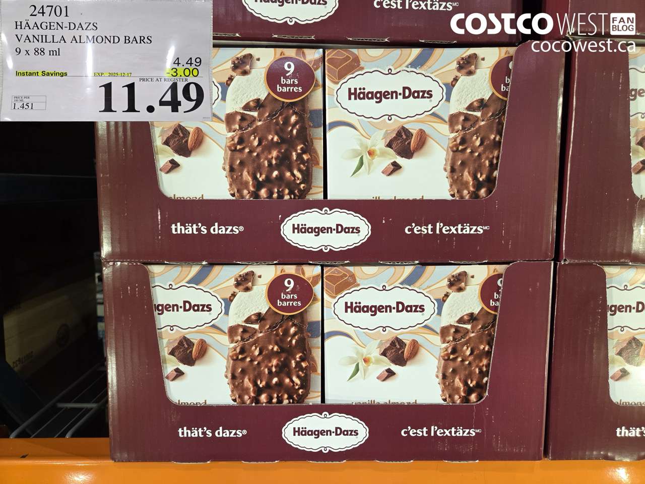 24701 HAAGEN-DAZS VANILLA ALMOND BARS 9 x 88 ml ($3.00 INSTANT SAVINGS EXPIRES ON 2025-12-17) $11.49