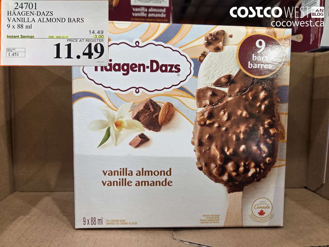 24701 HAAGEN-DAZS VANILLA ALMOND BARS 9 x 88 ml ($3.00 INSTANT SAVINGS EXPIRES ON 2025-12-17) $11.49