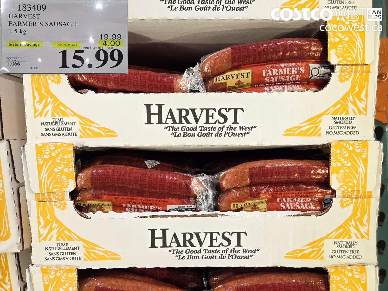 183409 HARVEST MEATS SMOKED FARMERS SAUSAGE 1.5 kg ($4.00 INSTANT SAVINGS EXPIRES ON 2025-12-21) $15.99