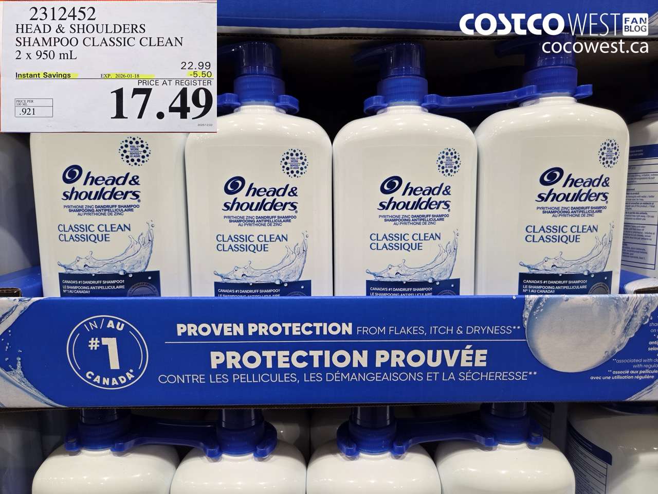 2312452 HEAD & SHOULDERS SHAMPOO CLASSIC CLEAN 2 X 950 ML ($5.50 INSTANT SAVINGS EXPIRES ON 2026-01-18) $17.49