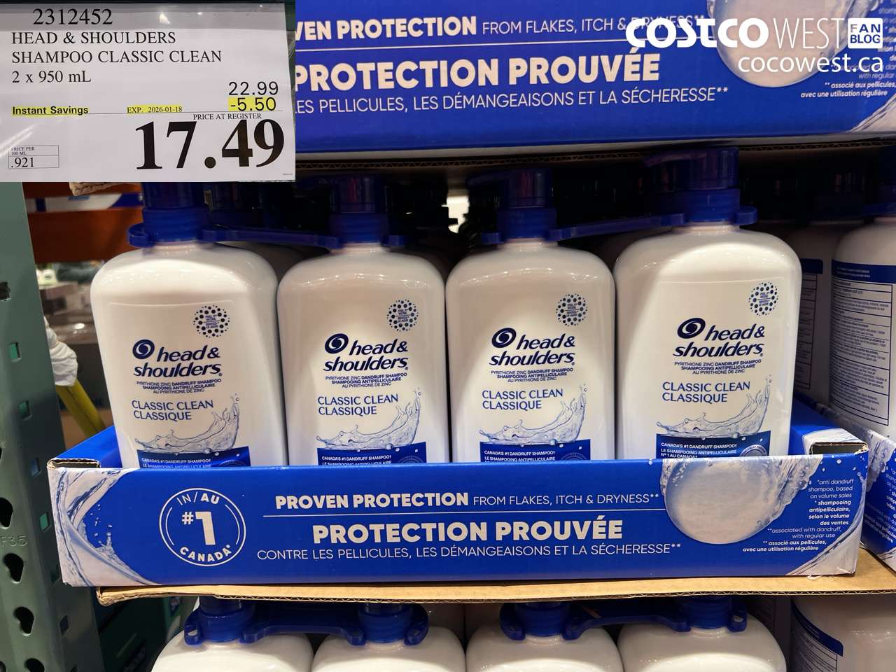 2312452 HEAD & SHOULDERS SHAMPOO CLASSIC CLEAN 2 X 950 ML ($5.50 INSTANT SAVINGS EXPIRES ON 2026-01-18) $17.49