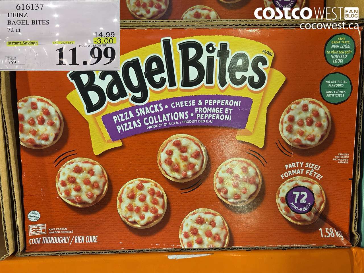 616137 HEINZ BAGEL BITES 1.58 KG ($3.00 INSTANT SAVINGS EXPIRES ON 2025-12-21) $11.99