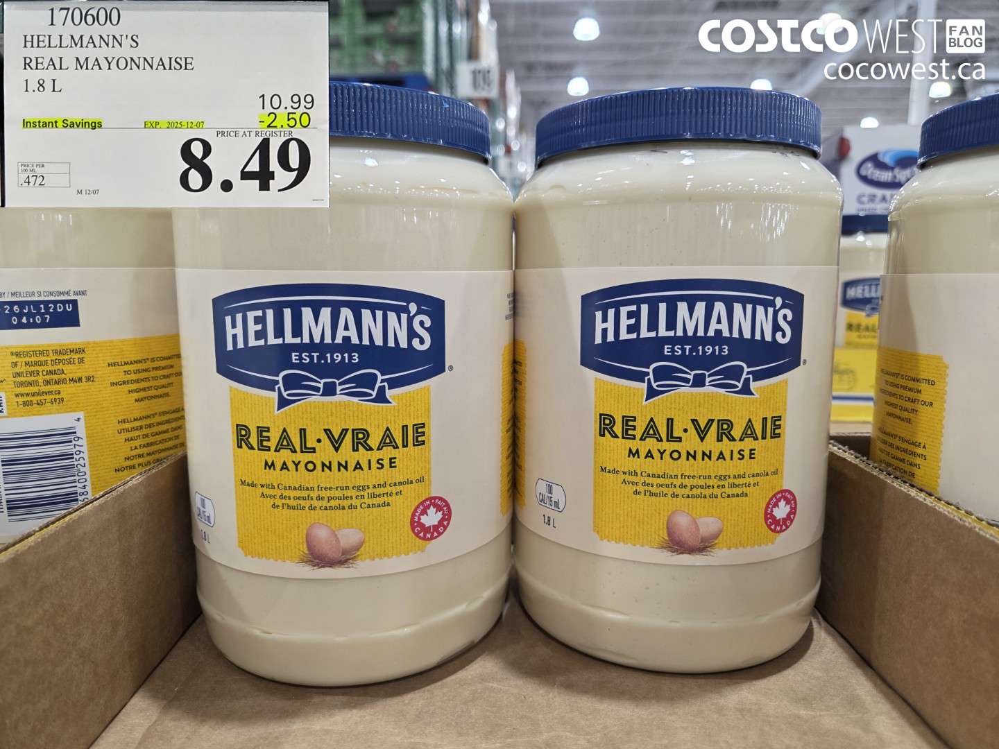170600 HELLMANN'S REAL MAYONNAISE 1.8 L ($2.50 INSTANT SAVINGS EXPIRES ON 2025-12-07) $8.49