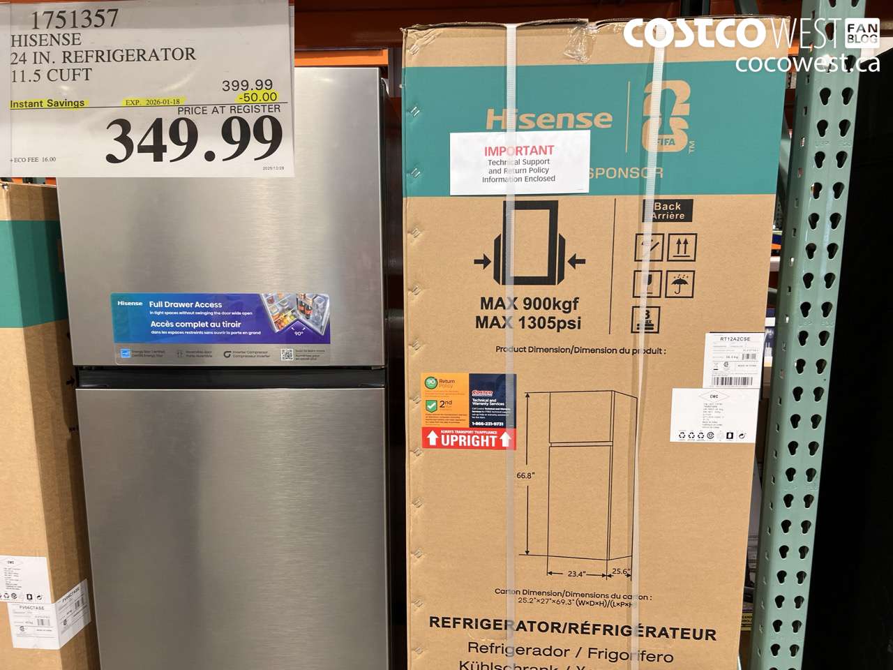 1751357 HISENSE 24 IN. REFRIGERATOR 11.5 CUFT ($50.00 INSTANT SAVINGS EXPIRES ON 2026-01-18) $349.99