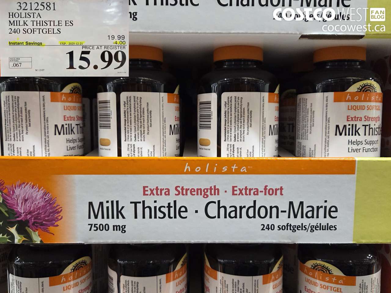 3212581 HOLISTA MILK THISTLE ES 250 mg 240 softgels ($4.00 INSTANT SAVINGS EXPIRES ON 2025-12-21) $15.99