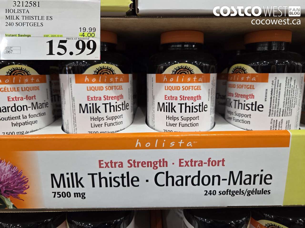 3212581 HOLISTA MILK THISTLE ES 250 mg 240 softgels ($4.00 INSTANT SAVINGS EXPIRES ON 2025-12-21) $15.99