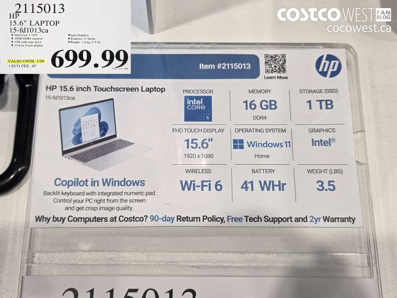2115013 HP 15.6 LAPTOP 15-fd1013ca (EXPIRES ON 2026-01-04) $699.99