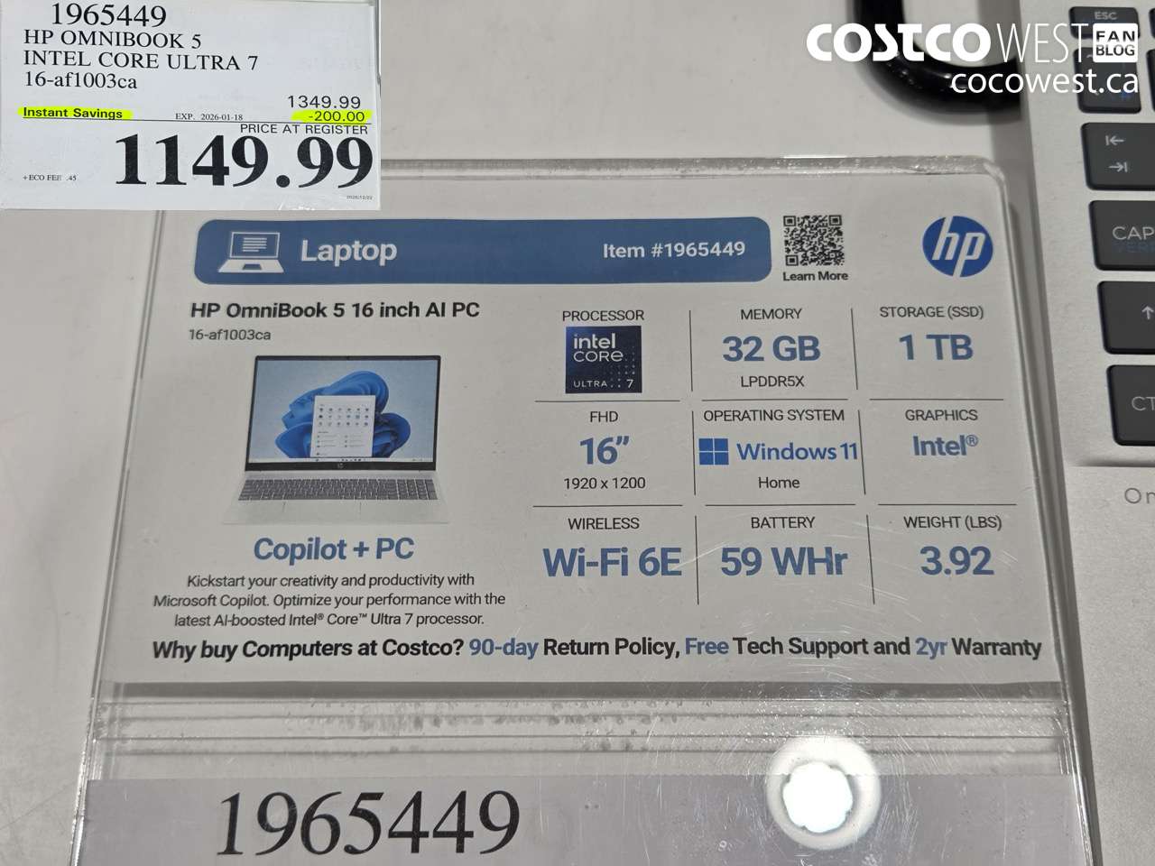 1965449 HP OMNIBOOK 5 INTEL CORE ULTRA 7 16-AF1003CA ($200.00 INSTANT SAVINGS EXPIRES ON 2026-01-18) $1149.99