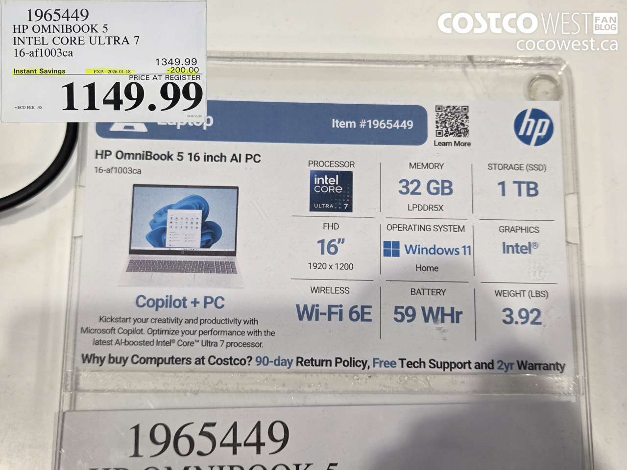 1965449 HP OMNIBOOK 5 INTEL CORE ULTRA 7 16-AF1003CA ($200.00 INSTANT SAVINGS EXPIRES ON 2026-01-18) $1149.99