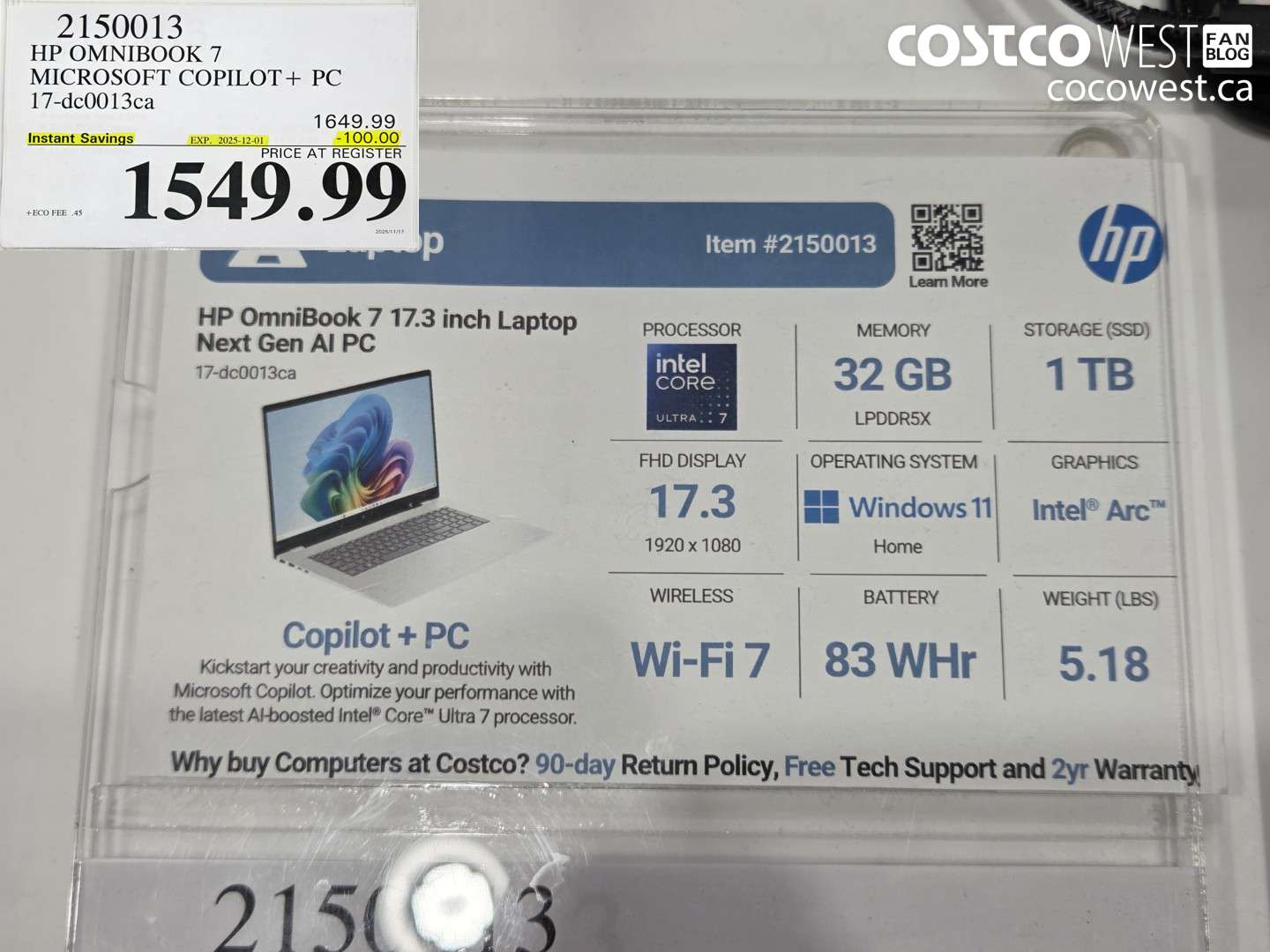 2150013 HP OMNIBOOK 7 MICROSOFT COPILOT+ PC 17-DC0013CA ($100.00 INSTANT SAVINGS EXPIRES ON 2025-12-01) $1549.99