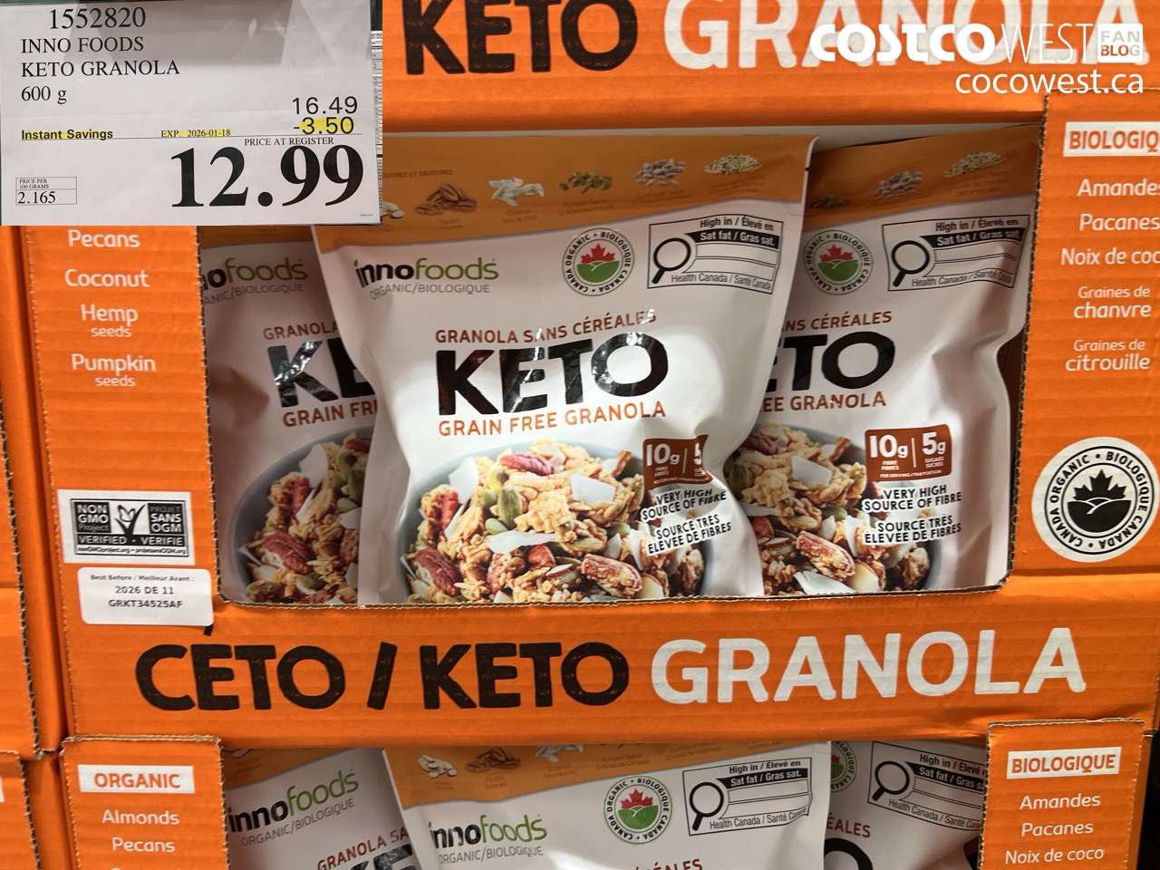 1552820 INNO FOODS KETO GRANOLA 600 g ($3.50 INSTANT SAVINGS EXPIRES ON 2026-01-18) $12.99