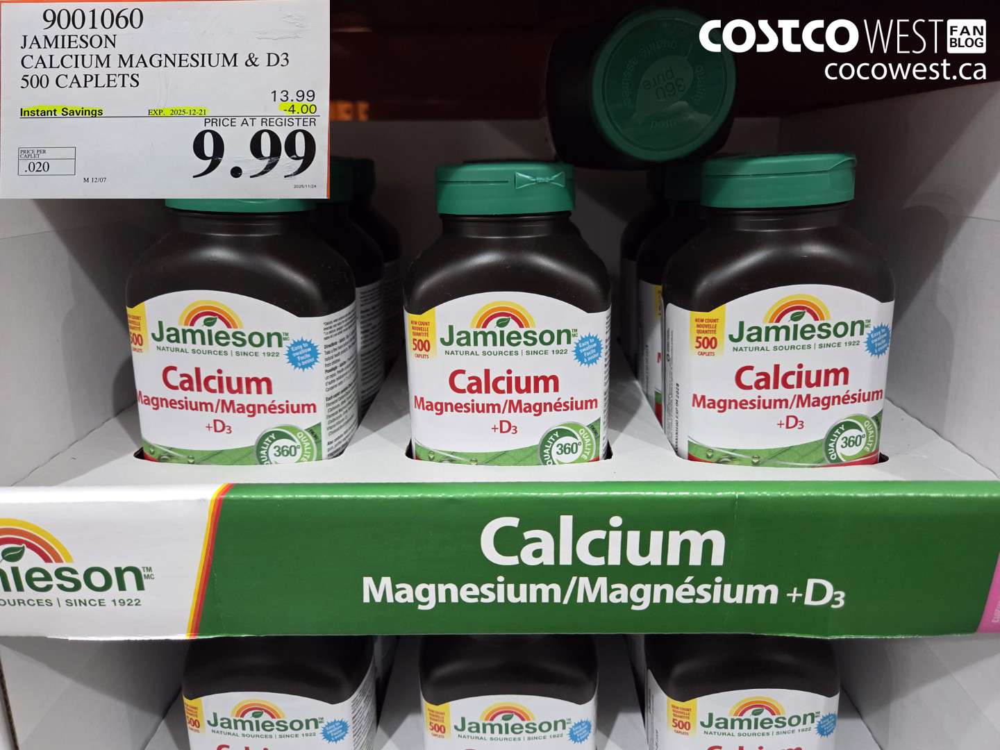 9001060 JAMIESON CALCIUM MAGNESIUM W/ VIT D 500 CAPLETS ($4.00 INSTANT SAVINGS EXPIRES ON 2025-12-21) $9.99