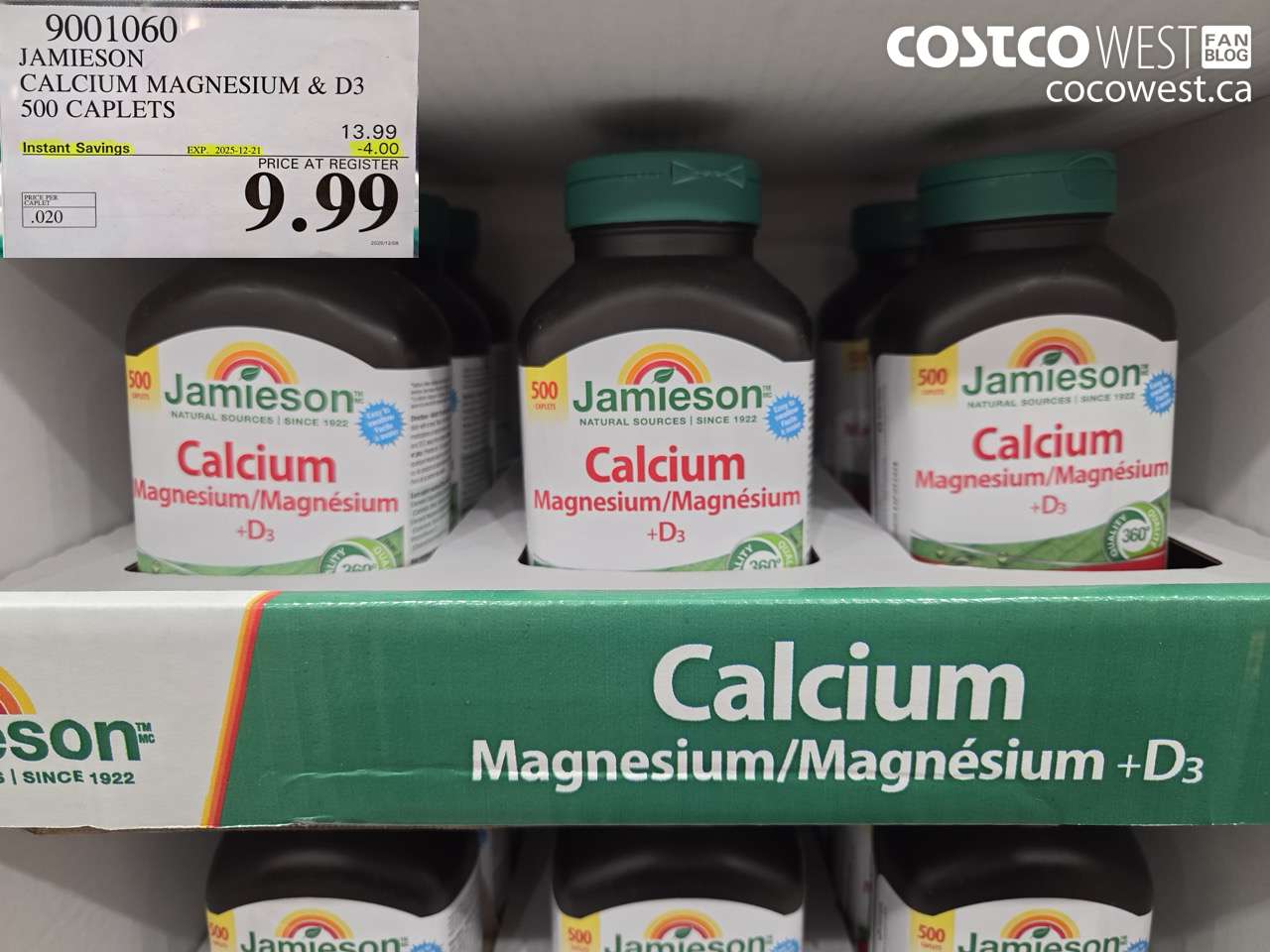 9001060 JAMIESON CALCIUM MAGNESIUM W/ VIT D 500 CAPLETS ($4.00 INSTANT SAVINGS EXPIRES ON 2025-12-21) $9.99