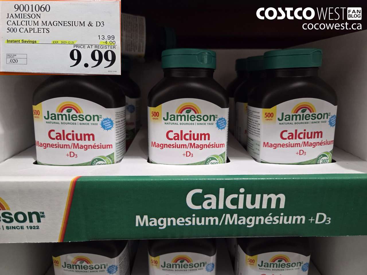 9001060 JAMIESON CALCIUM MAGNESIUM W/ VIT D 500 CAPLETS ($4.00 INSTANT SAVINGS EXPIRES ON 2025-12-21) $9.99