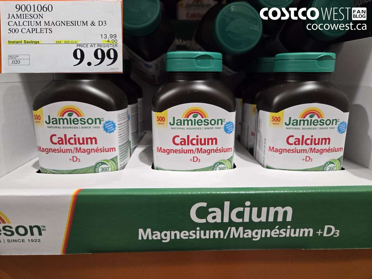 9001060 JAMIESON CALCIUM MAGNESIUM W/ VIT D 500 CAPLETS ($4.00 INSTANT SAVINGS EXPIRES ON 2025-12-21) $9.99