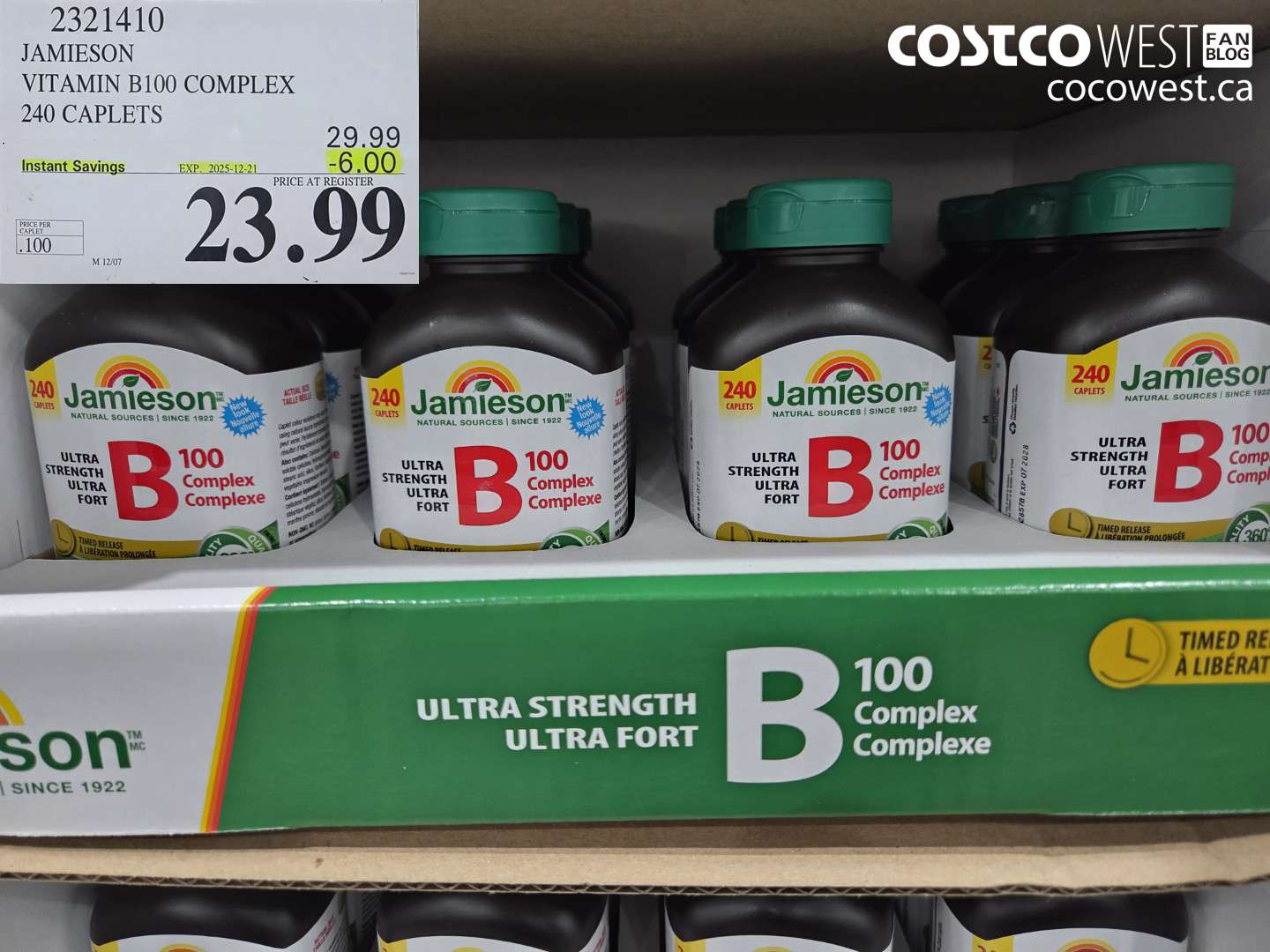 2321410 JAMIESON VITAMIN B100 COMPLEX 240 CAPLETS ($6.00 INSTANT SAVINGS EXPIRES ON 2025-12-21) $23.99