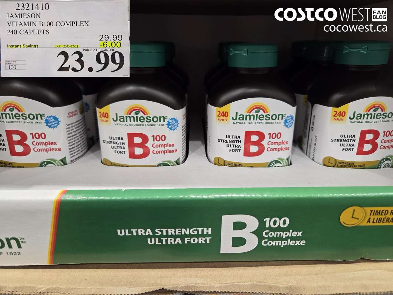 2321410 JAMIESON VITAMIN B100 COMPLEX 240 CAPLETS ($6.00 INSTANT SAVINGS EXPIRES ON 2025-12-21) $23.99
