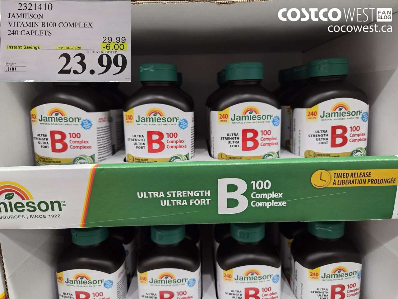 2321410 JAMIESON VITAMIN B100 COMPLEX 240 CAPLETS ($6.00 INSTANT SAVINGS EXPIRES ON 2025-12-28) $23.99