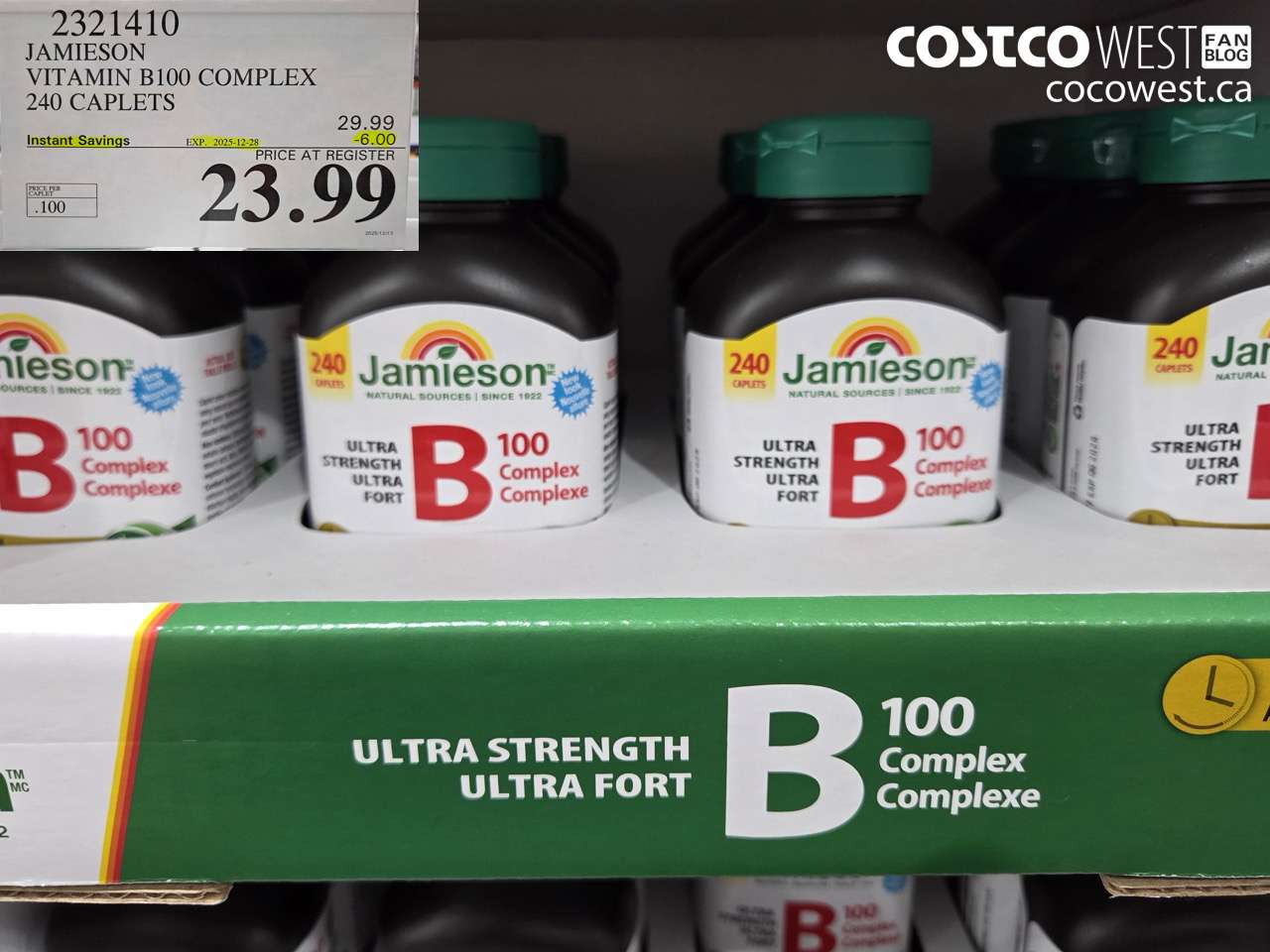 2321410 JAMIESON VITAMIN B100 COMPLEX 240 CAPLETS ($6.00 INSTANT SAVINGS EXPIRES ON 2025-12-28) $23.99