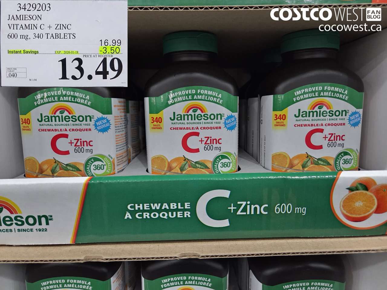3429203 JAMIESON VITAMIN C + ZINC 600MG, 340 TABLETS ($3.50 INSTANT SAVINGS EXPIRES ON 2026-01-18) $13.49
