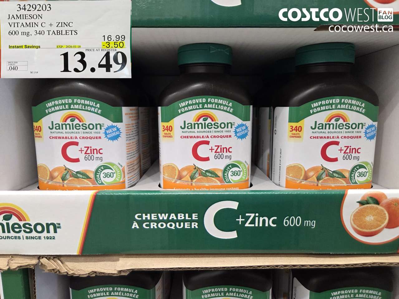 3429203 JAMIESON VITAMIN C + ZINC 600MG, 340 TABLETS ($3.50 INSTANT SAVINGS EXPIRES ON 2026-01-18) $13.49
