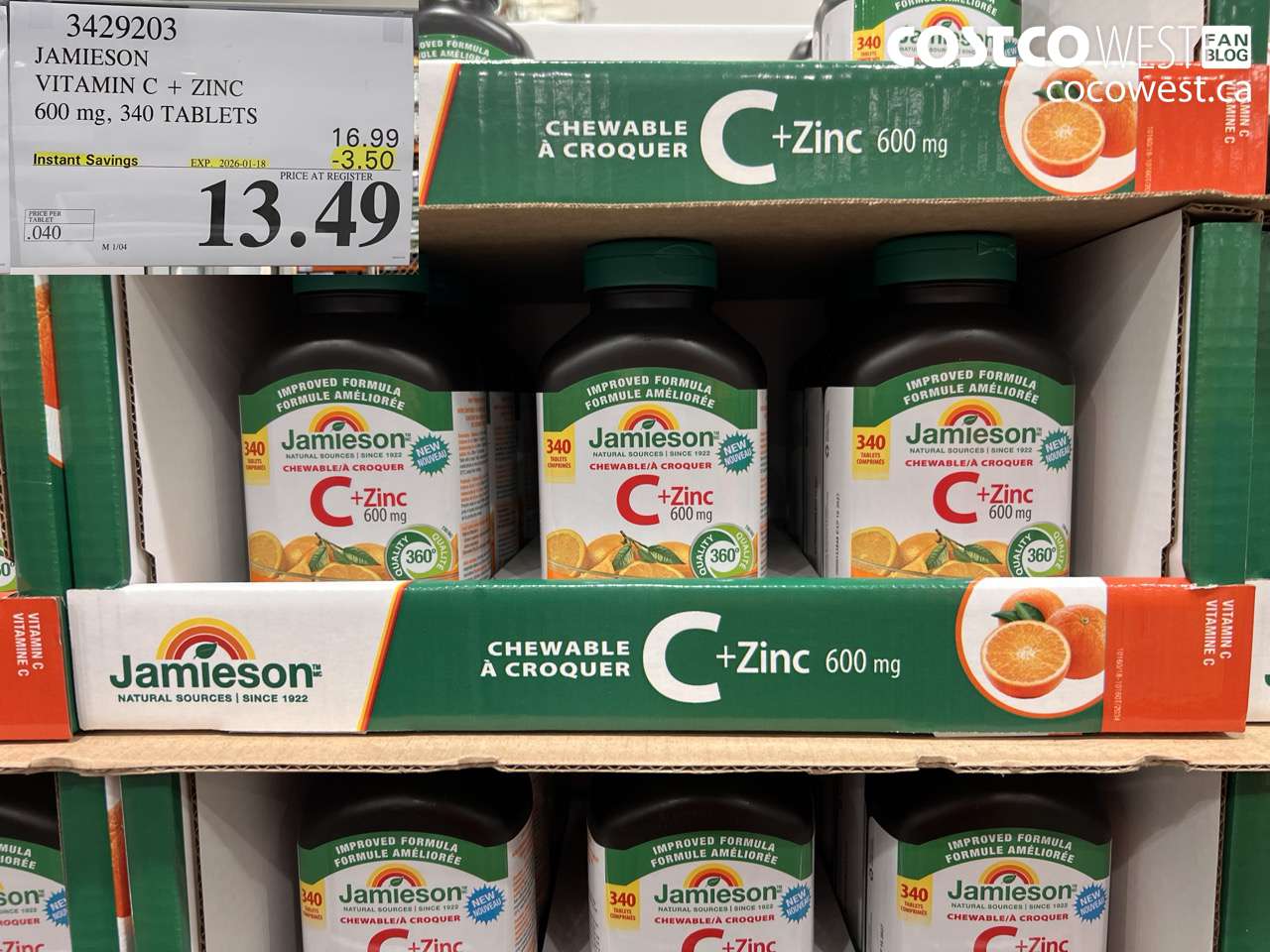 3429203 JAMIESON VITAMIN C + ZINC 600MG, 340 TABLETS ($3.50 INSTANT SAVINGS EXPIRES ON 2026-01-18) $13.49