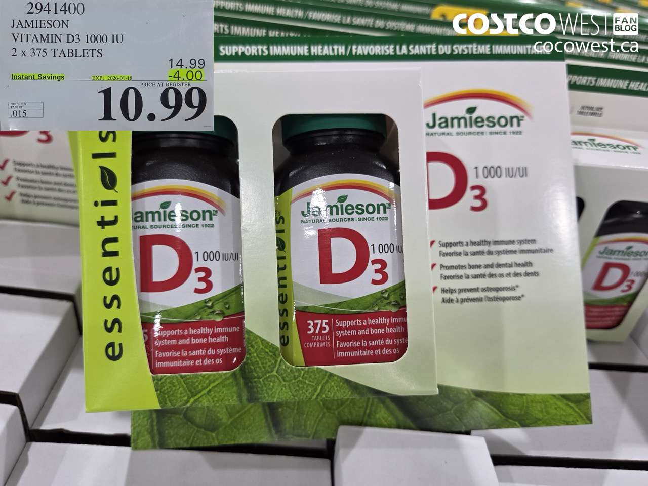 2941400 JAMIESON VITAMIN D3 1000IU 2X375 TABLETS ($4.00 INSTANT SAVINGS EXPIRES ON 2026-01-18) $10.99