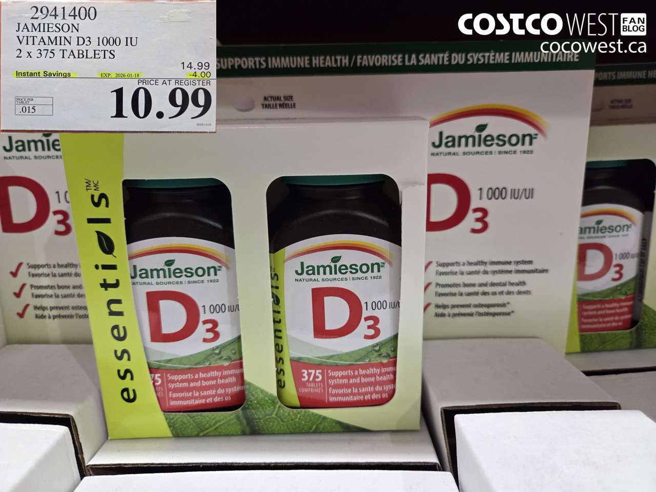 2941400 JAMIESON VITAMIN D3 1000IU 2X375 TABLETS ($4.00 INSTANT SAVINGS EXPIRES ON 2026-01-18) $10.99