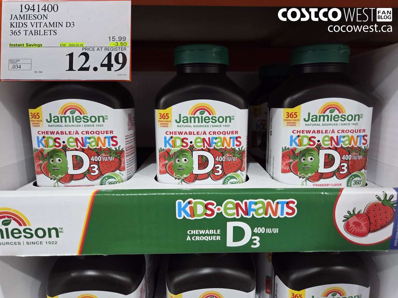 1941400 JAMIESON VITAMIN D3 FOR KIDS 365 TABLETS ($3.50 INSTANT SAVINGS EXPIRES ON 2026-01-04) $12.49