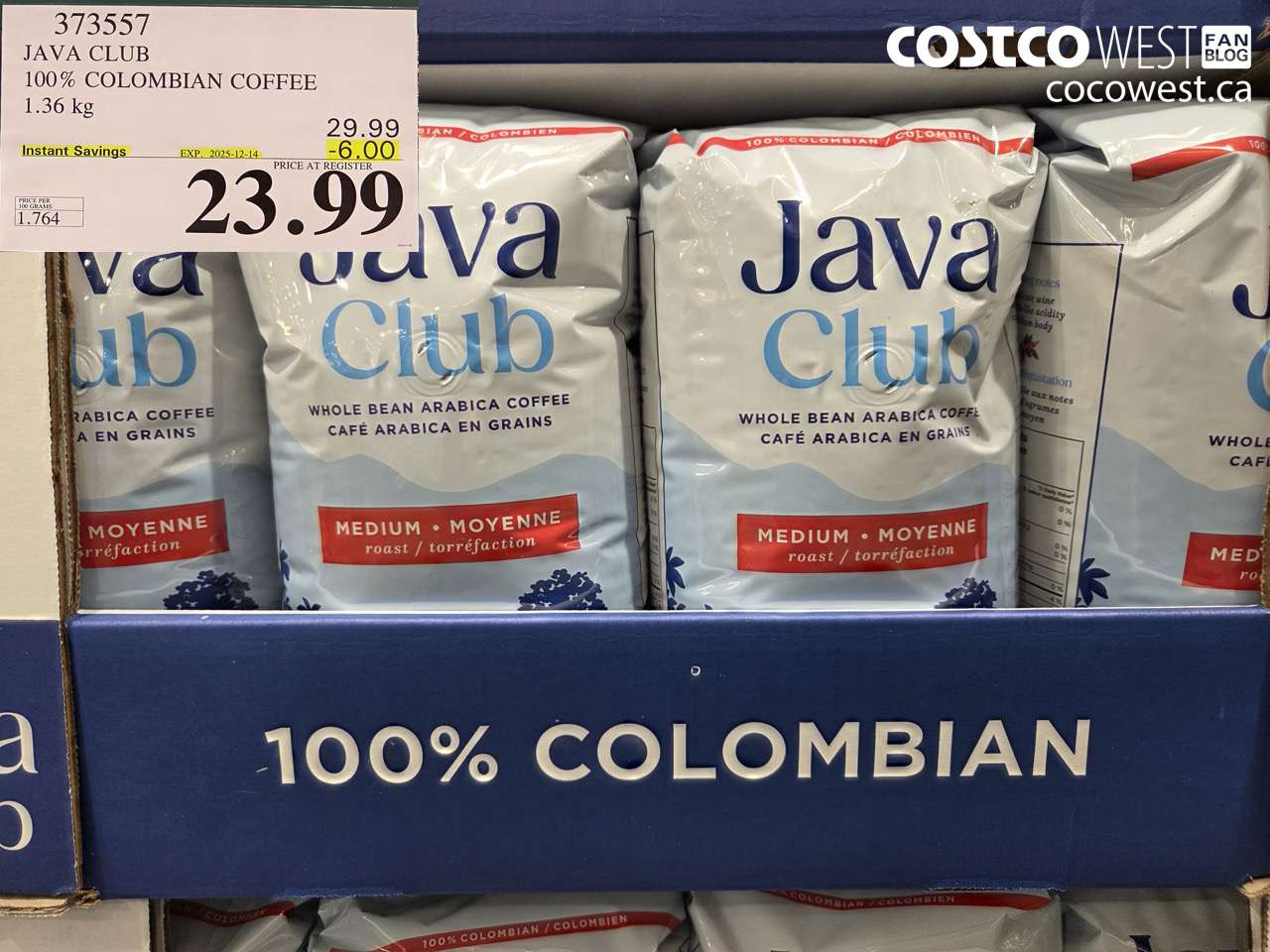 373557 JAVA CLUB 100% COLOMBIAN COFFEE 1.36 kg ($6.00 INSTANT SAVINGS EXPIRES ON 2025-12-14) $23.99