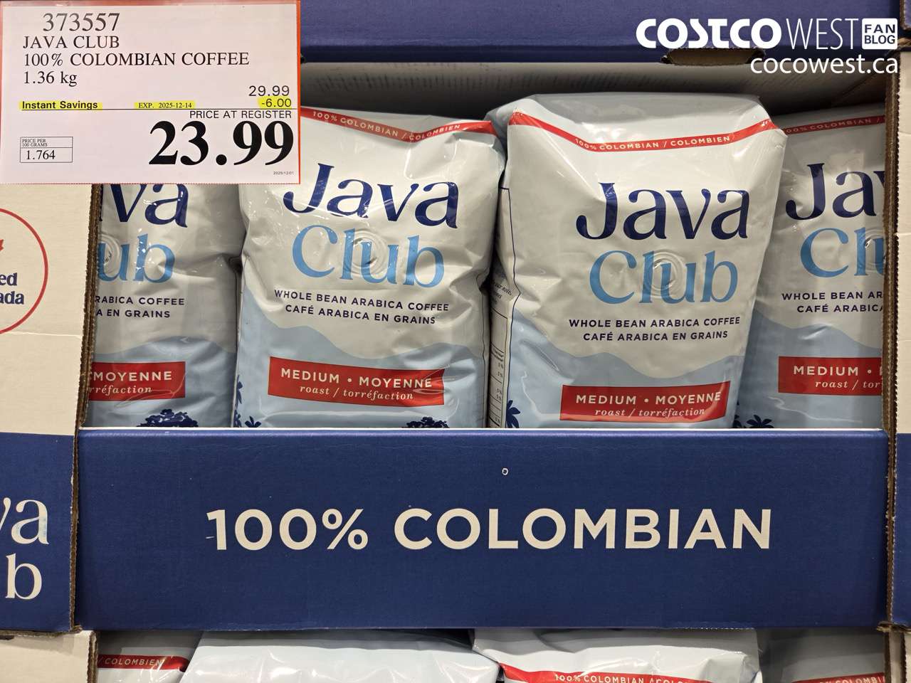 373557 JAVA CLUB 100% COLOMBIAN COFFEE 1.36 kg ($6.00 INSTANT SAVINGS EXPIRES ON 2025-12-14) $23.99