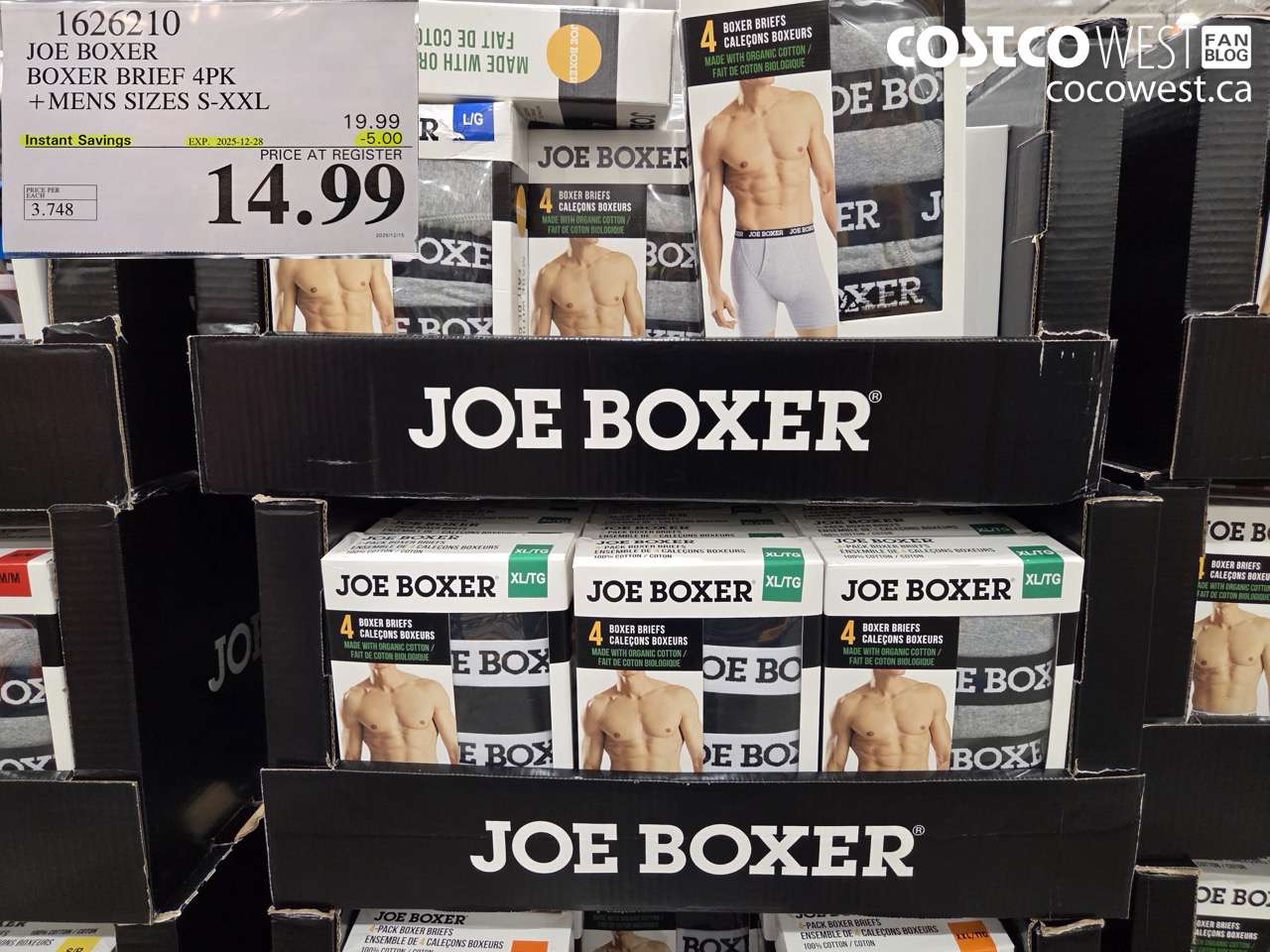 1626210 JOE BOXER BOXER BRIEFS 4PK MENS SIZES S-XXL ($5.00 INSTANT SAVINGS EXPIRES ON 2025-12-28) $14.99
