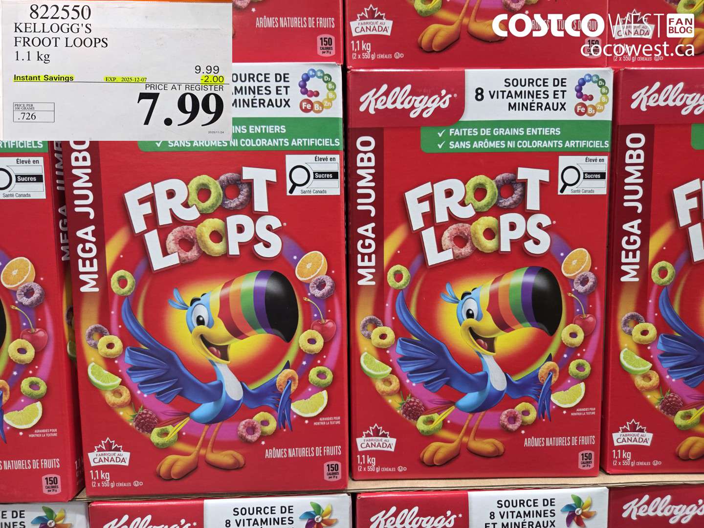 822550 KELLOGG'S FROOT LOOPS 1.1 kg ($2.00 INSTANT SAVINGS EXPIRES ON 2025-12-07) $7.99