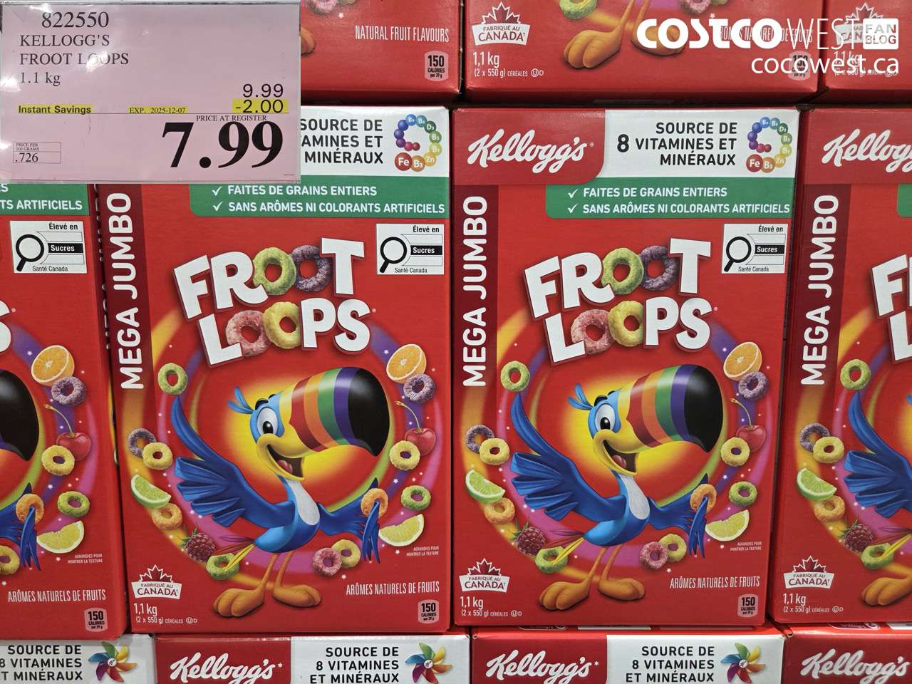 822550 KELLOGG'S FROOT LOOPS 1.1 kg ($2.00 INSTANT SAVINGS EXPIRES ON 2025-12-07) $7.99