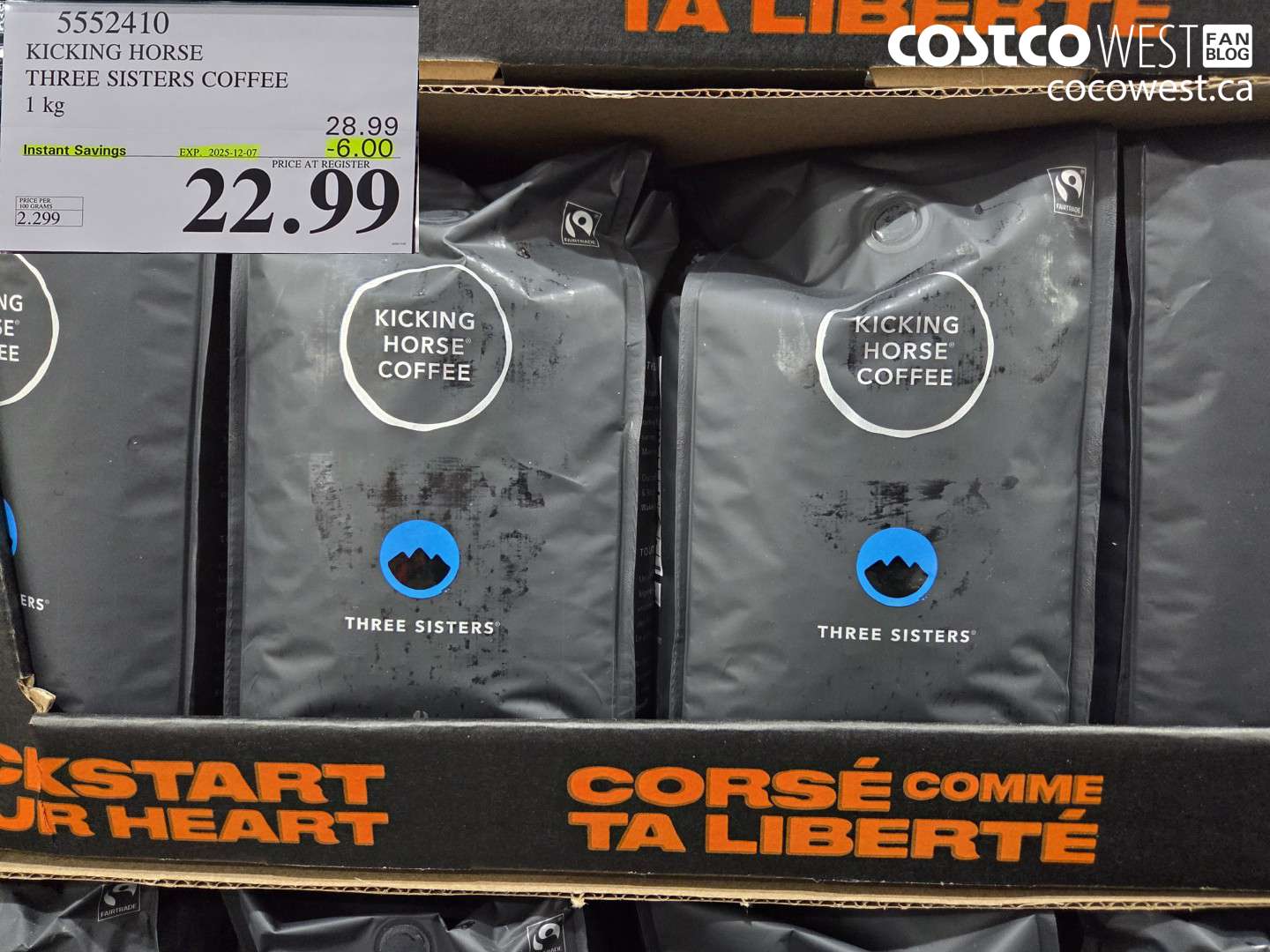 5552410 KICKING HORSE THREE SISTERS COFFEE 1KG ($6.00 INSTANT SAVINGS EXPIRES ON 2025-12-07) $22.99