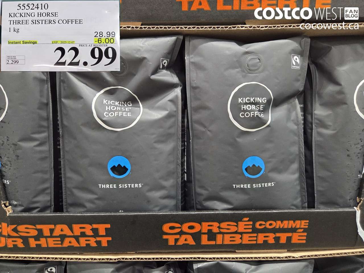 5552410 KICKING HORSE THREE SISTERS COFFEE 1KG ($6.00 INSTANT SAVINGS EXPIRES ON 2025-12-07) $22.99