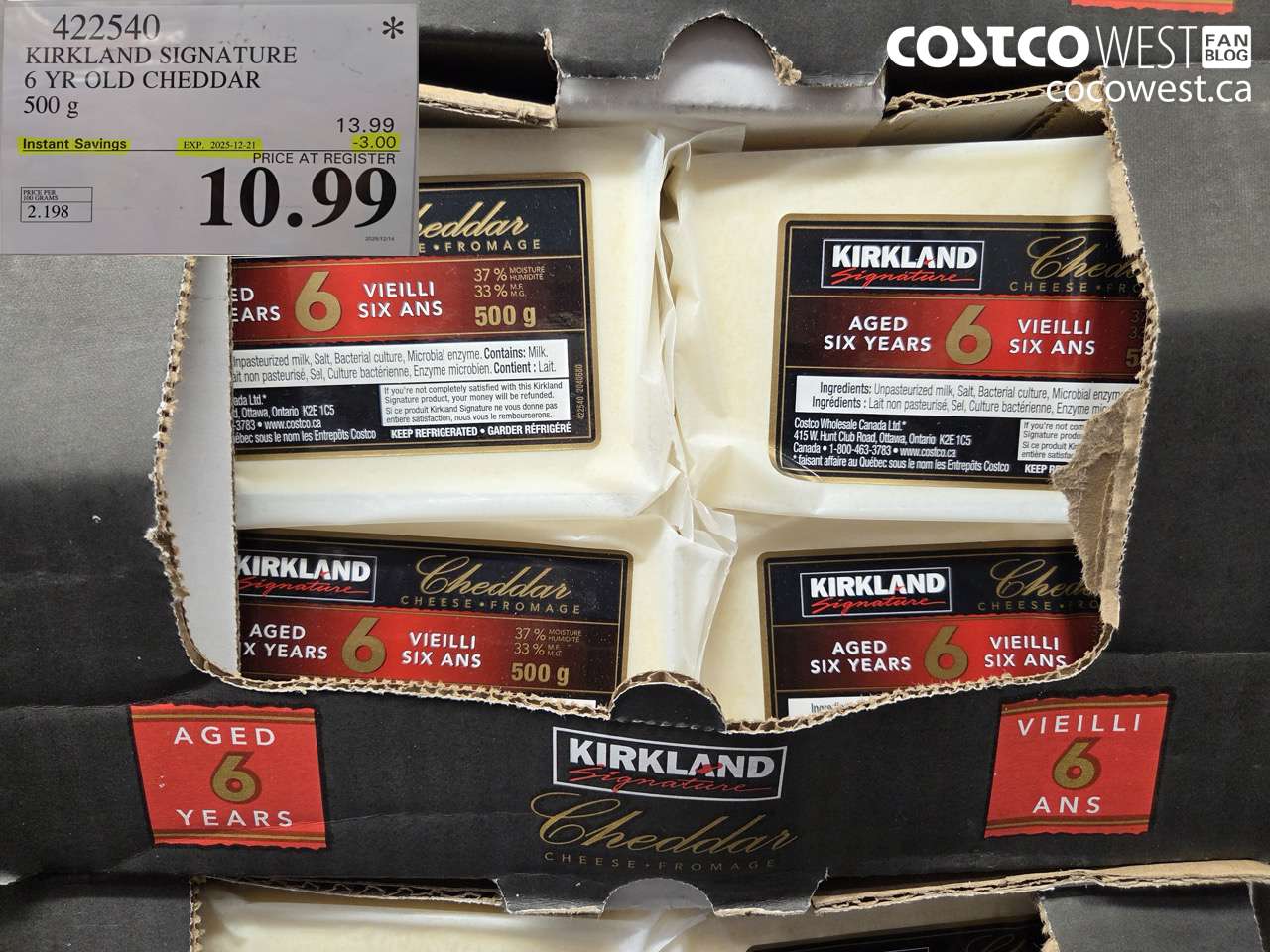 422540 KIRKLAND SIGNATURE 6 YR OLD CHEDDAR 500 g ($3.00 INSTANT SAVINGS EXPIRES ON 2025-12-21) $10.99