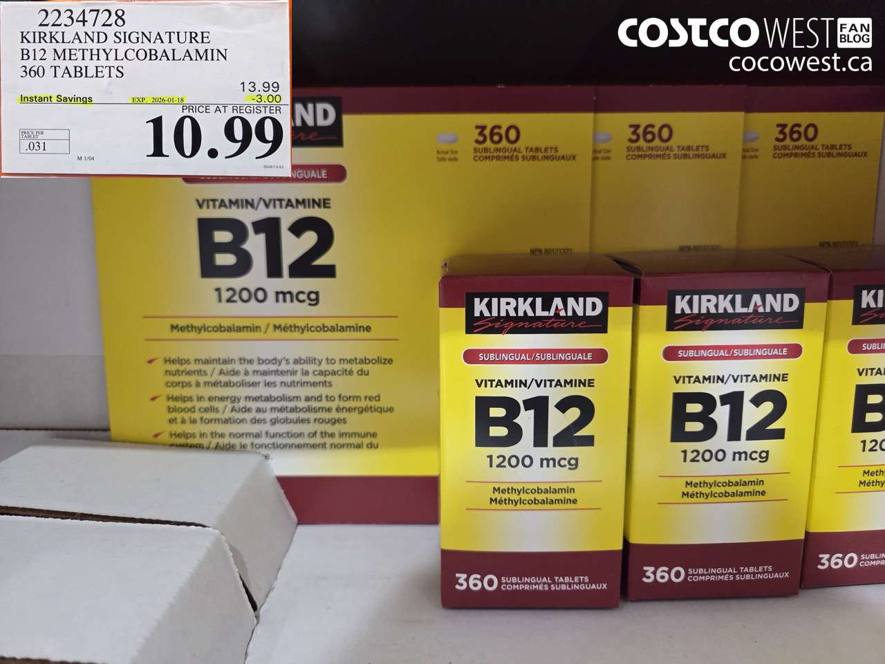 2234728 KIRKLAND SIGNATURE B12 METHYLCOBALAMIN 1200MCG 360 TABLETS ($3.00 INSTANT SAVINGS EXPIRES ON 2026-01-18) $10.99
