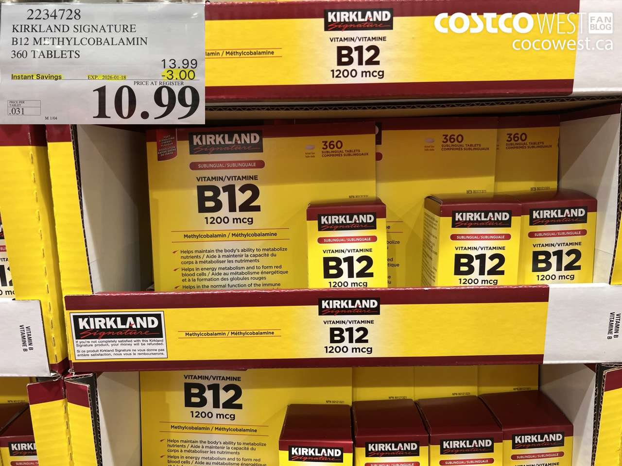 2234728 KIRKLAND SIGNATURE B12 METHYLCOBALAMIN 1200MCG 360 TABLETS ($3.00 INSTANT SAVINGS EXPIRES ON 2026-01-18) $10.99