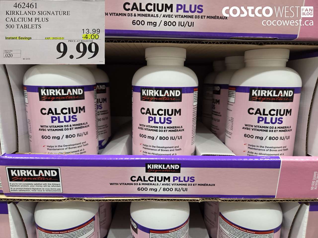 462461 KIRKLAND SIGNATURE CALCIUM PLUS 500 TABLETS ($4.00 INSTANT SAVINGS EXPIRES ON 2025-12-21) $9.99