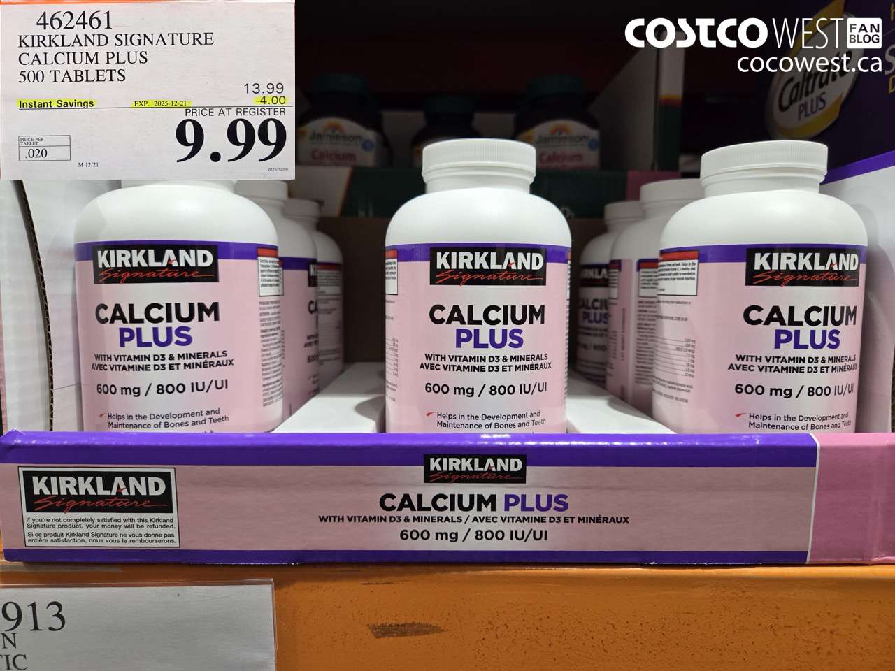 462461 KIRKLAND SIGNATURE CALCIUM PLUS 500 TABLETS ($4.00 INSTANT SAVINGS EXPIRES ON 2025-12-21) $9.99