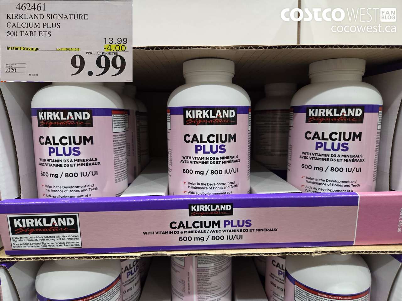 462461 KIRKLAND SIGNATURE CALCIUM PLUS 500 TABLETS ($4.00 INSTANT SAVINGS EXPIRES ON 2025-12-21) $9.99