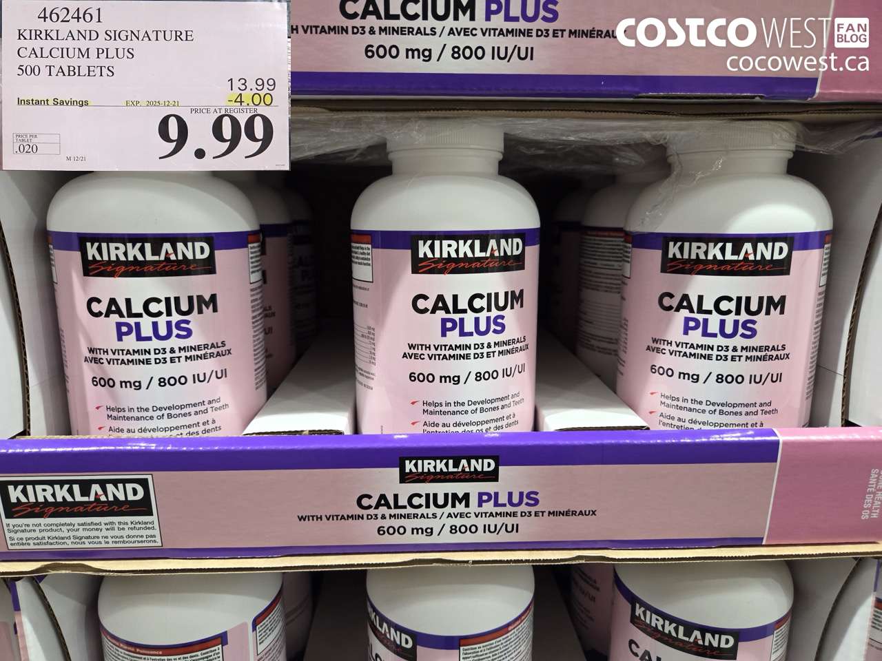 462461 KIRKLAND SIGNATURE CALCIUM PLUS 500 TABLETS ($4.00 INSTANT SAVINGS EXPIRES ON 2025-12-21) $9.99