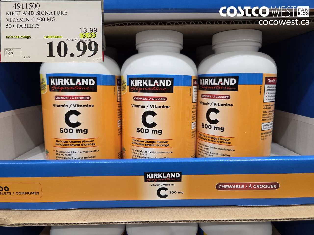 4911500 KIRKLAND SIGNATURE CHEWABLE VITAMIN C 500 MG 500s ($3.00 INSTANT SAVINGS EXPIRES ON 2025-12-21) $10.99