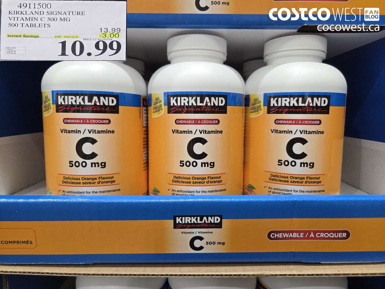 4911500 KIRKLAND SIGNATURE CHEWABLE VITAMIN C 500 MG 500s ($3.00 INSTANT SAVINGS EXPIRES ON 2025-12-21) $10.99
