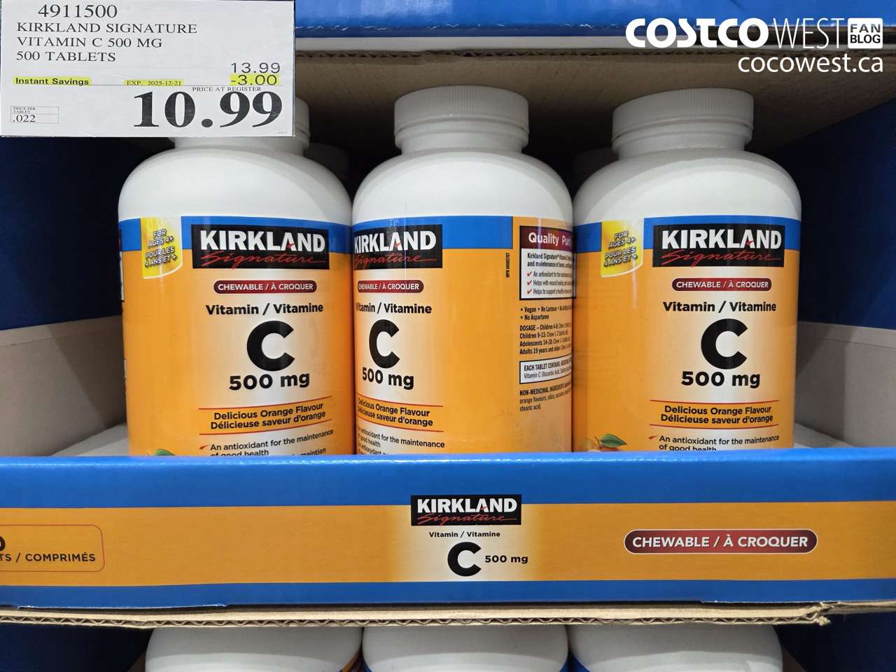 4911500 KIRKLAND SIGNATURE CHEWABLE VITAMIN C 500 MG 500s ($3.00 INSTANT SAVINGS EXPIRES ON 2025-12-21) $10.99